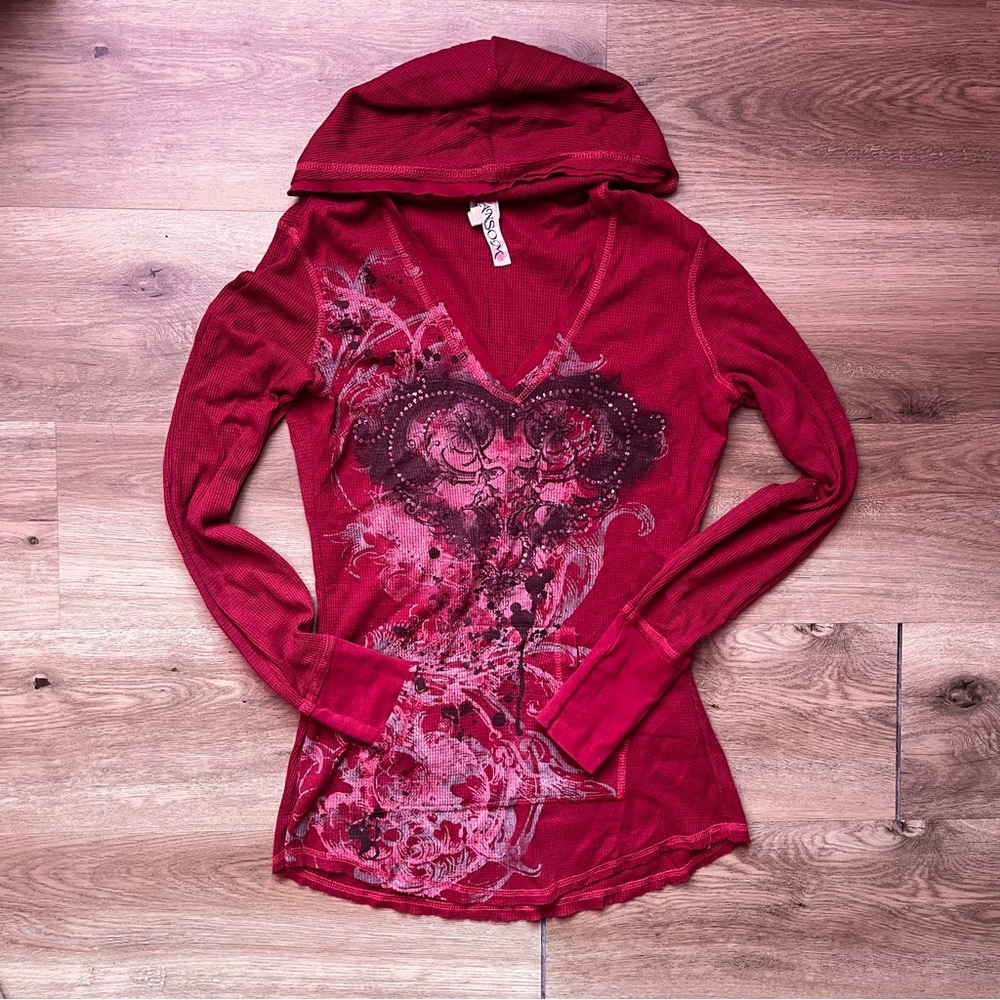 y2k red bedazzled long-sleeved shirt